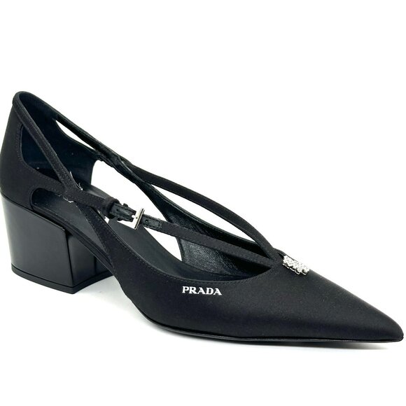 PRADA Pointed Toe Cutout Cut Out Block Heel Crystal Satin Leather Pumps - Picture 12 of 16
